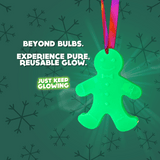 Close-up of a glowing green gingerbread ornament, highlighting its reusable and battery-free glow for festive holiday decorations.