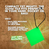 Glow Tile specifications graphic showing compact 3 5/8 inch square size, perfect for pocket or bag, includes durable reflective cord.
