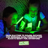 Reusable Glow Sticks for Kids - Playtime to Power Outages. Two young girls enjoying bright green glow sticks from Just Keep Glowing. 'From Playtime to Power Outages, Our Reusable Glow Products Are Always Ready for Adventure' text. Eco-friendly, battery-free glow sticks for fun and emergency preparedness. Perfect for camping, sleepovers, and staying safe during power outages. Sustainable and long-lasting glow.