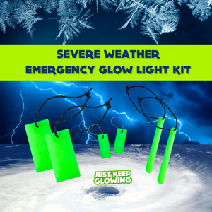Severe Weather Emergency Glow Light Kit from Just Keep Glowing. Bright green glow sticks and tags for power outages and storm preparedness. Reusable, long-lasting glow for safety during hurricanes, tornadoes, and winter storms. Essential emergency supplies for home and car. 'Just Keep Glowing' logo. Reliable light source in dark conditions.