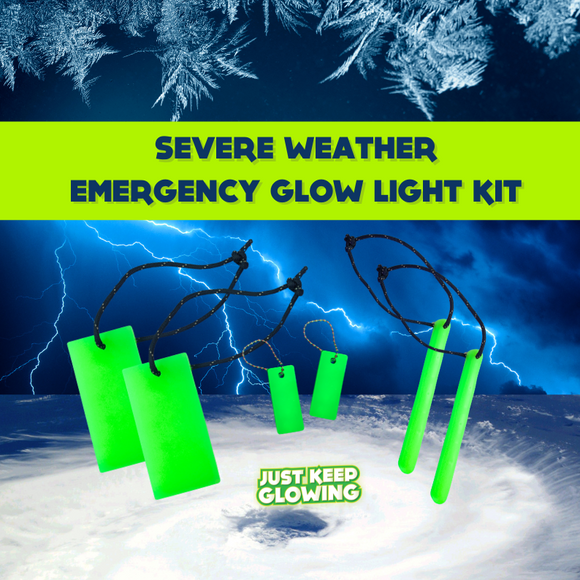 Severe Weather Emergency Glow Light Kit from Just Keep Glowing. Bright green glow sticks and tags for power outages and storm preparedness. Reusable, long-lasting glow for safety during hurricanes, tornadoes, and winter storms. Essential emergency supplies for home and car. 'Just Keep Glowing' logo. Reliable light source in dark conditions.