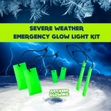 Severe Weather Emergency Glow Light Kit from Just Keep Glowing. Bright green glow sticks and tags for power outages and storm preparedness. Reusable, long-lasting glow for safety during hurricanes, tornadoes, and winter storms. Essential emergency supplies for home and car. 'Just Keep Glowing' logo. Reliable light source in dark conditions.