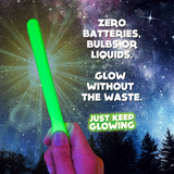 Reusable Glow Stick from Just Keep Glowing. 'Zero Batteries, Bulbs Or Liquids. Glow Without The Waste' message. Eco-friendly, bright green glow stick for camping, hiking, and emergencies. Sustainable, long-lasting light source.  No disposable batteries needed.  Handcrafted in  North Carolina.  'Just Keep Glowing' logo.