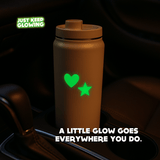 Glow in the dark stickers on a water bottle, reusable glow decor for everyday carry.
