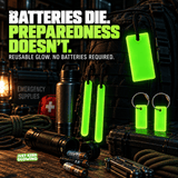 Reusable glow bars, glow sticks, and glow tags displayed with a flashlight, batteries, emergency backpack, and survival supplies, highlighting battery-free supplemental glow for preparedness kits.