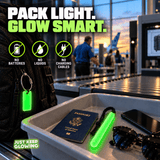 Reusable green glow stick and glow tag shown with a passport and travel essentials at an airport security checkpoint, highlighting battery free and liquid free travel gear.