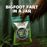Bigfoot holding Bigfoot Farts gag gift bag in forest – funny fart in a jar, novelty gift, stocking stuffer handmade in USA by Just Keep Glowing.