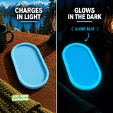 Blue glow in the dark tray charging in light and glowing blue at night reusable organizer tray