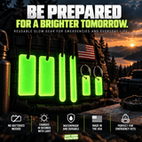 Six reusable green glow markers attached to a rugged survival backpack with an American flag patch, showing supplemental battery-free gear for bug out bags and disaster preparedness supplies.