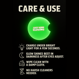 Care and use instructions for a glowing product on a black background