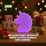Purple glowing unicorn toy under Christmas tree — perfect stocking stuffer and holiday gift for kids