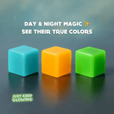 Day and night view of handmade glow in the dark cubes – resin fidget sensory toys showing their true colors in daylight