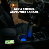 Blue glow in the dark car coasters in deep luxury cup holders with stainless steel travel mug – handmade Just Keep Glowing™ vehicle accessories for SUVs, trucks, road trips, and camping.