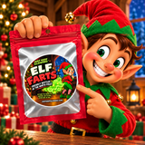 Funny Christmas gag gift featuring an Elf Farts scented novelty jar in a red and silver gift pouch, held by a cheerful Christmas elf beside holiday decorations.