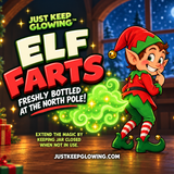 Elf Farts holiday novelty jar label with a Christmas elf, decorated tree, North Pole workshop scene and festive green and red lettering.