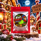 Elf Farts Christmas novelty gift in a red resealable pouch with a festive elf label, displayed on a snowy wooden stump in a North Pole Christmas village.