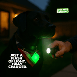 Hand recharging glow dog tag with flashlight to show instant charging and bright green illumination.
