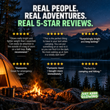 Five-star customer reviews of the Forever Glow Bar highlighting its bright glow, lightweight design, and usefulness for camping and emergency preparedness, displayed over a nighttime campsite.