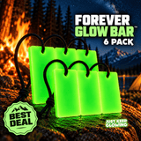Six green Forever Glow Bars with black paracord displayed at a nighttime campsite with a best deal badge highlighting the six pack.