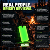 Customer review graphic featuring feedback about reusable glow gear brightness, quick charging, product quality, emergency preparedness and gift appeal.