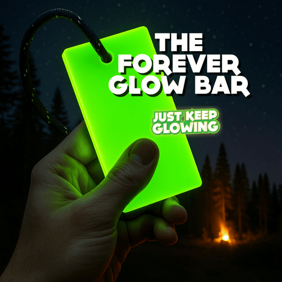 Hand holding the Forever Glow Bar — a bright neon green glow-in-the-dark survival light with reflective paracord, perfect for camping, emergency kits, power outages, hiking, and outdoor adventures.