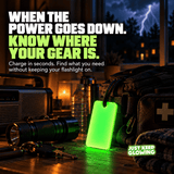 Green Forever Glow Bar beside a flashlight, emergency radio, keys and first aid bag during a nighttime power outage with lightning outside.