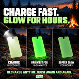 Three stage Forever Glow Bar demonstration showing charging with a flashlight, brightest glow for 15 to 20 minutes, and softer glow visible for hours in darkness.