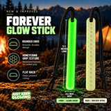 New and improved Forever Glow Stick showing its green glowing domed front, pale yellow green honeycomb textured back, rounded ends, flat back, black paracord, and 5.5 inch length.