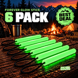 Six green reusable Forever Glow Sticks with black paracord loops on a wooden camping table, with a best deal badge highlighting the six pack.