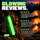 Customer review graphic with three five star testimonials about the Forever Glow Stick, highlighting brightness, long lasting visibility, and product quality.
