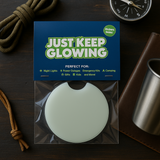 Just Keep Glowing™ glow in the dark car coaster in retail packaging – handmade USA luxury vehicle cup holder insert, perfect for gifts, camping, and everyday driving.
