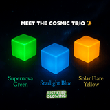 Glow in the dark cubes in three colors – Supernova Green, Starlight Blue, and Solar Flare Yellow – handmade resin sensory toys