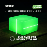 Glow Cube XL product specifications showing size and dimensions, 3⅝ inches wide and 2 inches tall.