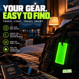 Forever Glow Bar glowing green on a travel backpack in a hotel room, showing a reusable glow marker for identifying bags during family vacations, hotel stays, and camping trips.