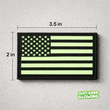 Glow-in-the-dark American flag morale patch showing size dimensions of 3.5 inches wide by 2 inches tall.