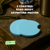 Set of 2 blue glow in the dark car coasters for vehicle cup holders, handmade resin inserts, road-ready and adventure-proven camping and travel car accessories