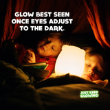 Glow in the dark night light best seen once eyes adjust to the dark, soft glowing toy for kids at bedtime