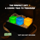 Glow in the dark cube trio displayed in a gift box – perfect handmade gift for men, women, and kids – cosmic stress relief toy