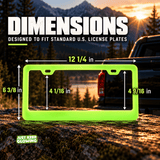 License plate frame dimensions showing 12 1/4 inch width, 6 3/8 inch height, two top mounting holes, and interior opening measurements.