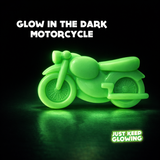 Glow-in-the-dark motorcycle toy glowing bright green, rechargeable kids glow night light and gift handmade in the USA