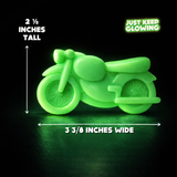 Glow-in-the-dark motorcycle toy showing size dimensions, rechargeable kids glow toy measuring 3.38 inches wide and 2.125 inches tall