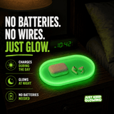 Green glow in the dark tray charging in light and glowing bright green in the dark reusable glow organizer tray