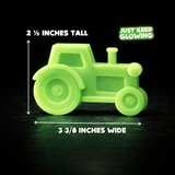 Glow-in-the-dark tractor toy size dimensions showing width and height, compact rechargeable glow night light