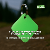 Glow-in-the-dark pet tag 2-pack with size details and durable keyring design, handmade in the USA.