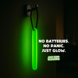 Reusable safety glow stick hanging on a hook during a power outage. No batteries, no panic, just glow.