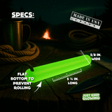 Close up of the glow stick showing dimensions: 5 3/4 inches long, 5/8 inches wide. Flat bottom to prevent rolling.