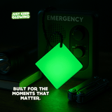 Glow Tile emergency light next to radio – reusable glow in the dark safety tile for blackout prep