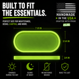 Handmade glow in the dark tray dimensions showing 7 1/8 inch width, 3 3/4 inch height and 3/4 inch thickness made in USA