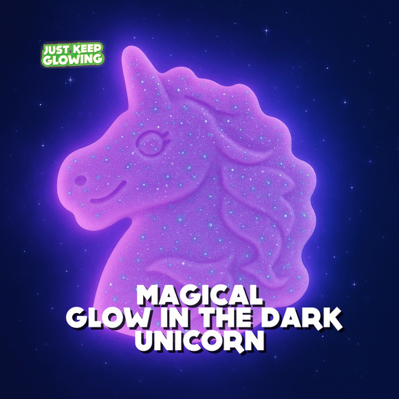 Magical glow in the dark unicorn toy glowing purple at night — handmade kids comfort toy and travel-friendly night light