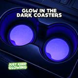 Glowing purple coasters in a car cup holder with text 'Glow in the Dark Coasters' and 'Just Keep Glowing'.